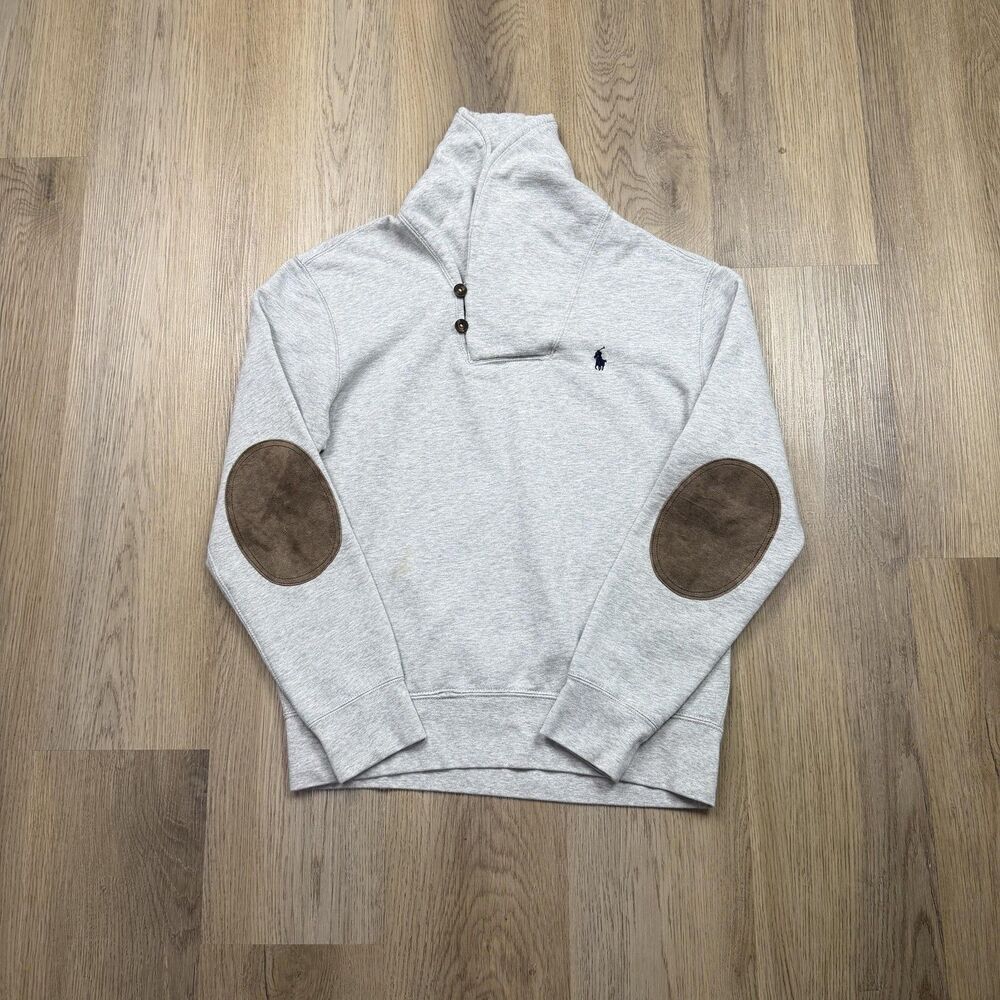 Polo Ralph Lauren Sweatshirt Mens Medium Gray Mock Neck Elbow Patches Fleece